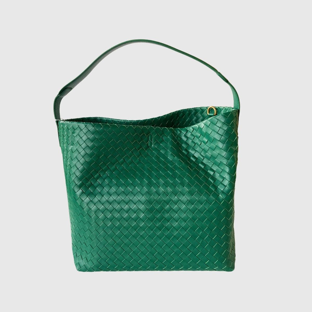 Green woven lambskin leather tote bag with single shoulder strap on white background