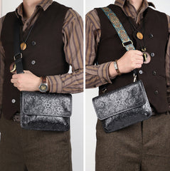Men's Full Grain Leather Crossbody Bag, Handcrafted Embossed Floral Messenger Bag, Antique Leather Brown Purse