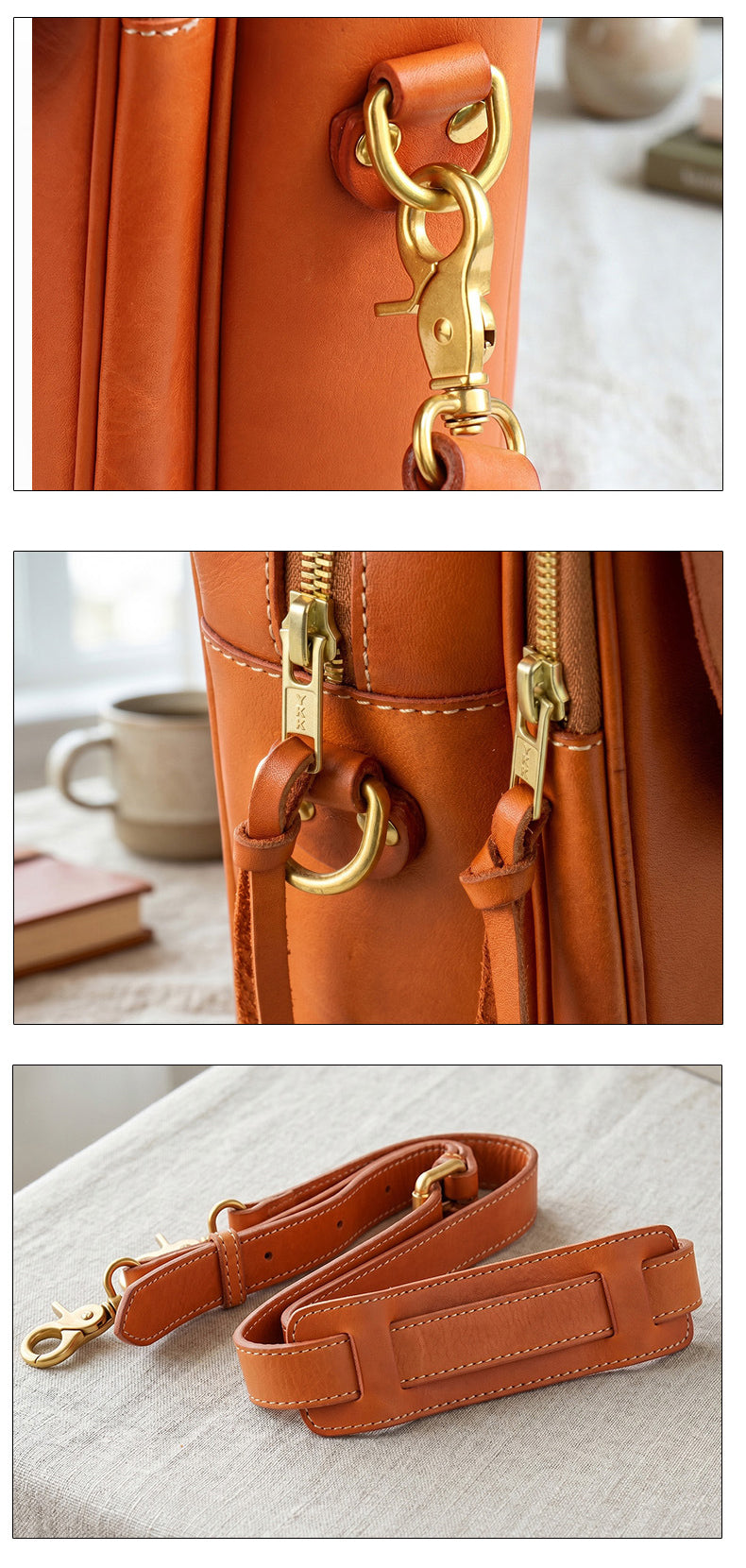 Men's Full Grain Leather Briefcase | Handmade Vintage Vegetable-Tanned Business Laptop Bag with trolley sleeve