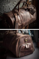 Men’s Full Grain Leather Travel Duffel, Large Crazy Horse Leather Carry-On Bag for Business, Camping & Short Trips