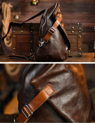 Men's Vintage Full-Grain Leather Sling Bag, Handmade Casual Large Crossbody Chest Pack, Convertible Backpack