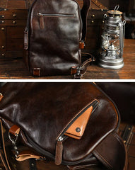 Men's Vintage Full-Grain Leather Sling Bag, Handmade Casual Large Crossbody Chest Pack, Convertible Backpack