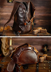 Men's Vintage Full-Grain Leather Sling Bag, Handmade Casual Large Crossbody Chest Pack, Convertible Backpack