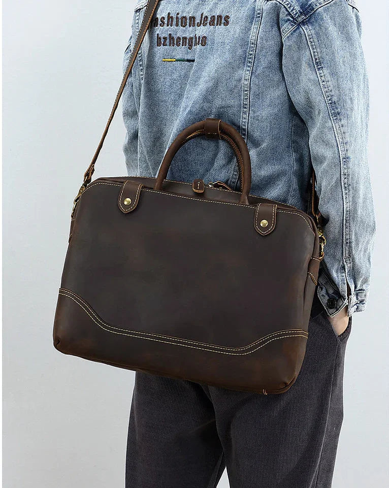 Men’s Crazy Horse Leather Briefcase | Handmade Vintage Full Grain Cowhide Shoulder & Handbag | 15” Laptop Business Messenger Bag