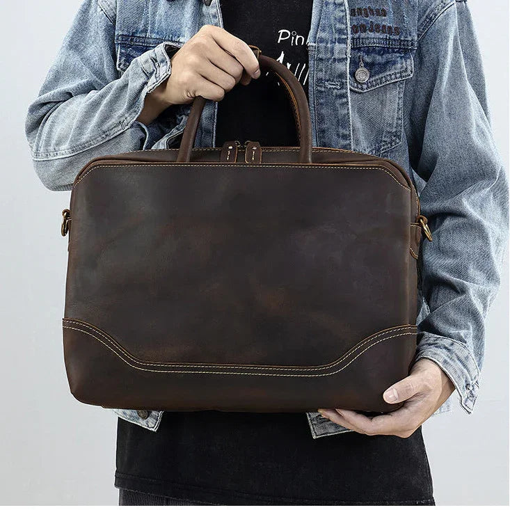 Men’s Crazy Horse Leather Briefcase | Handmade Vintage Full Grain Cowhide Shoulder & Handbag | 15” Laptop Business Messenger Bag