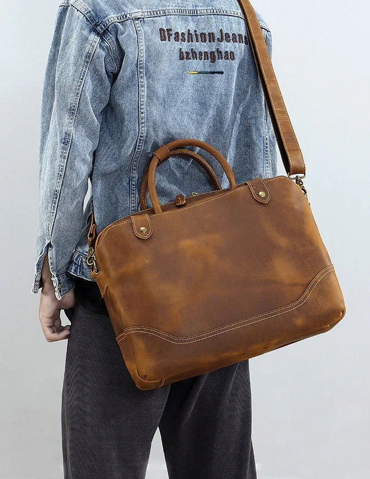 Men’s Crazy Horse Leather Briefcase | Handmade Vintage Full Grain Cowhide Shoulder & Handbag | 15” Laptop Business Messenger Bag