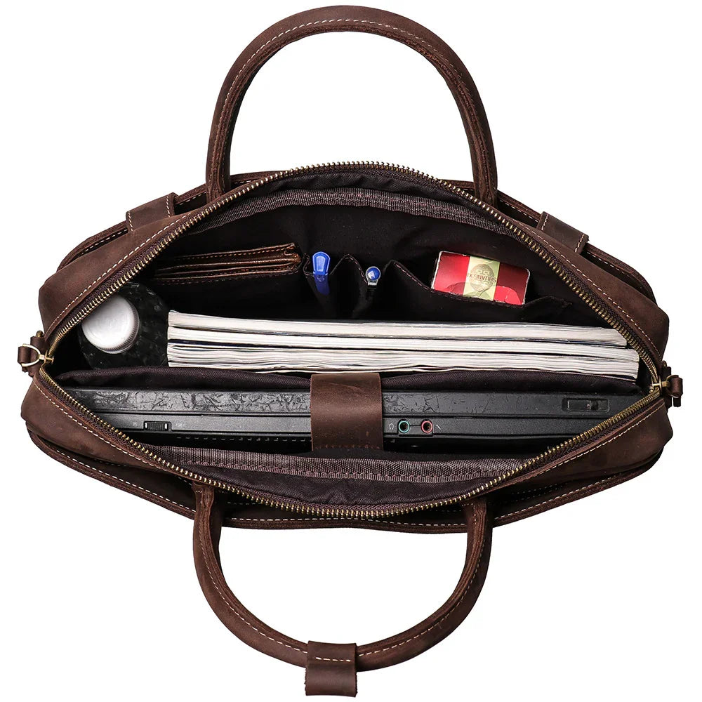 Men’s Crazy Horse Leather Briefcase | Handmade Vintage Full Grain Cowhide Shoulder & Handbag | 15” Laptop Business Messenger Bag