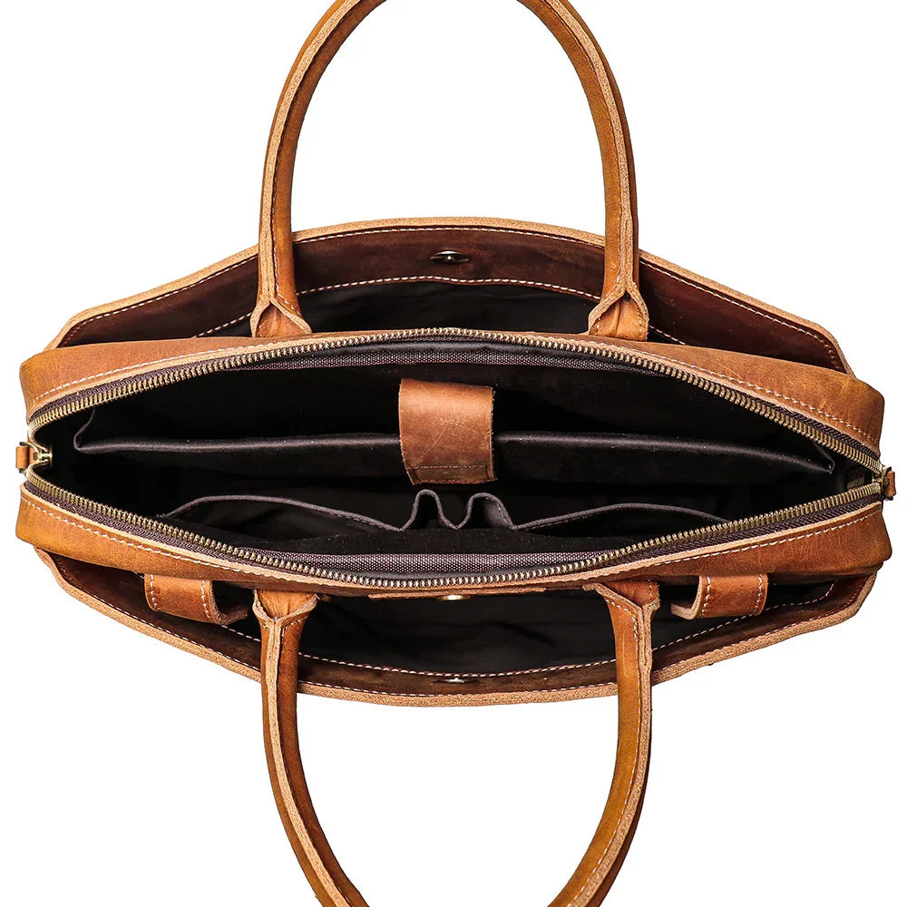 Men’s Crazy Horse Leather Briefcase | Handmade Vintage Full Grain Cowhide Shoulder & Handbag | 15” Laptop Business Messenger Bag