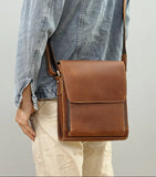 Men’s Crazy Horse Leather Crossbody Bag | Full Grain Leather Messenger Bag with Flap