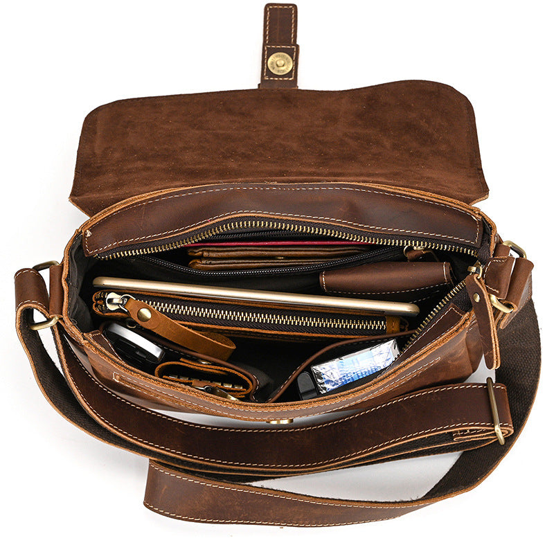 Men's Crazy Horse Leather Crossbody Bag | Vintage Full Grain Cowhide Satchel & Flap Bag