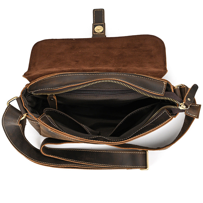 Men's Crazy Horse Leather Crossbody Bag | Vintage Full Grain Cowhide Satchel & Flap Bag