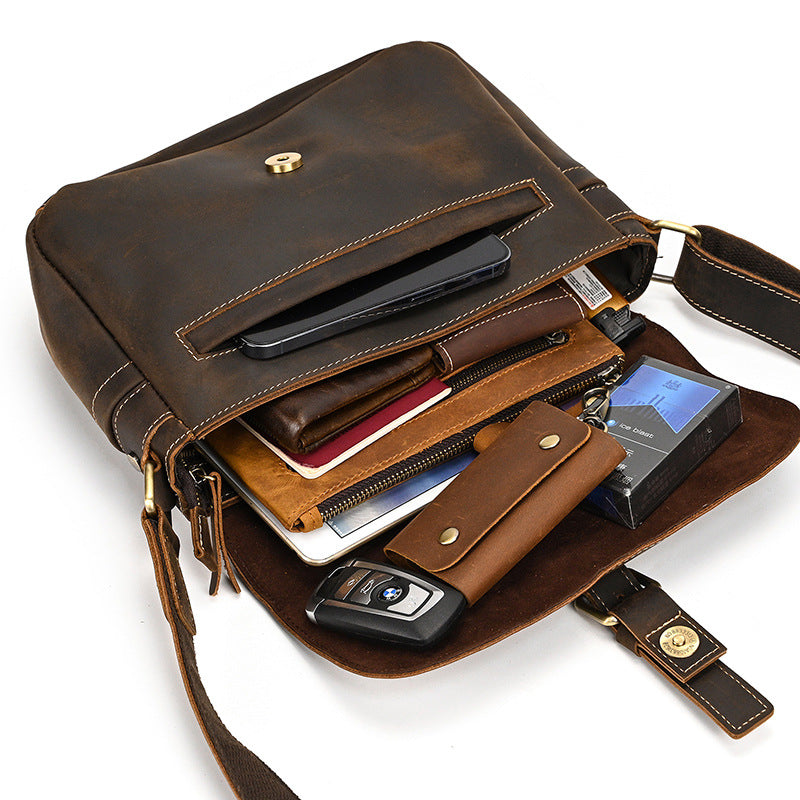 Men's Crazy Horse Leather Crossbody Bag | Vintage Full Grain Cowhide Satchel & Flap Bag