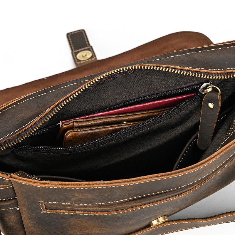 Men's Crazy Horse Leather Crossbody Bag | Vintage Full Grain Cowhide Satchel & Flap Bag