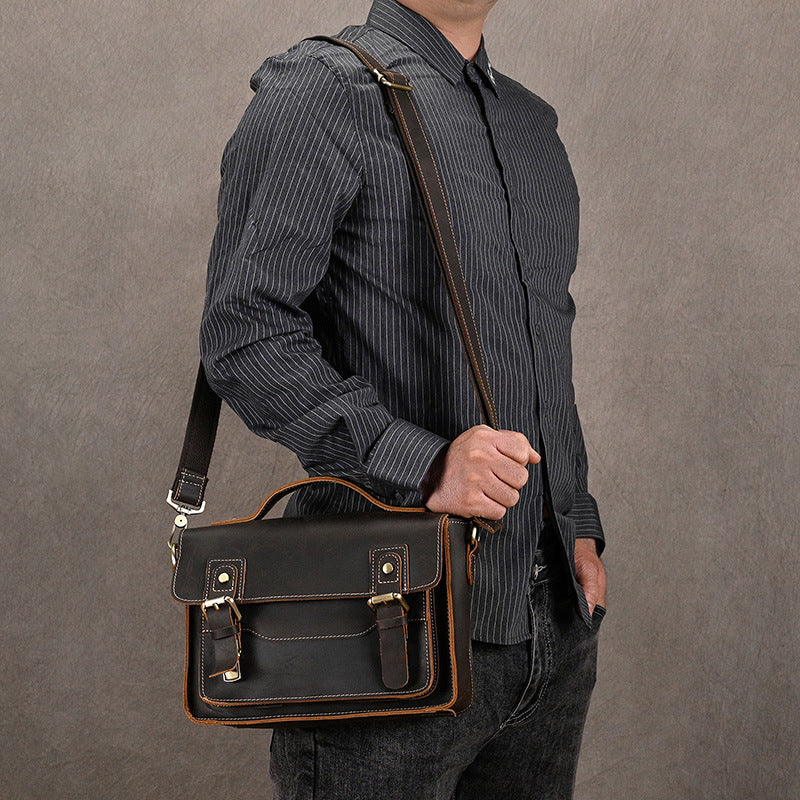 Men's Crazy Horse Leather Crossbody Bag | Vintage Full Grain Cowhide Satchel & Flap Bag