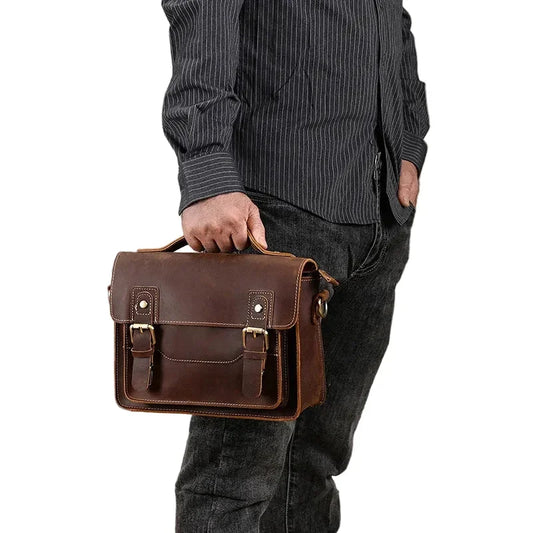 Men's Crazy Horse Leather Crossbody Bag | Vintage Full Grain Cowhide Satchel & Flap Bag