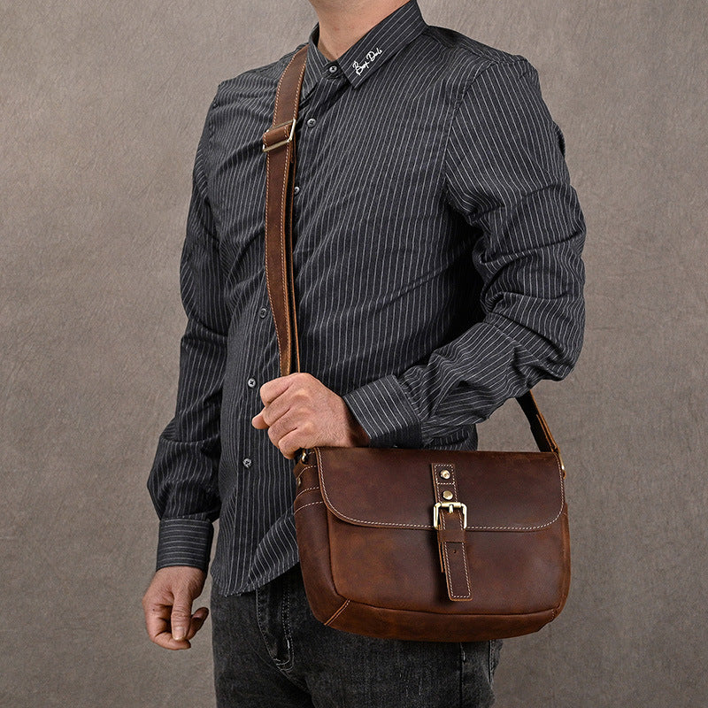 Men's Crazy Horse Leather Crossbody Bag | Vintage Full Grain Cowhide Satchel & Flap Bag