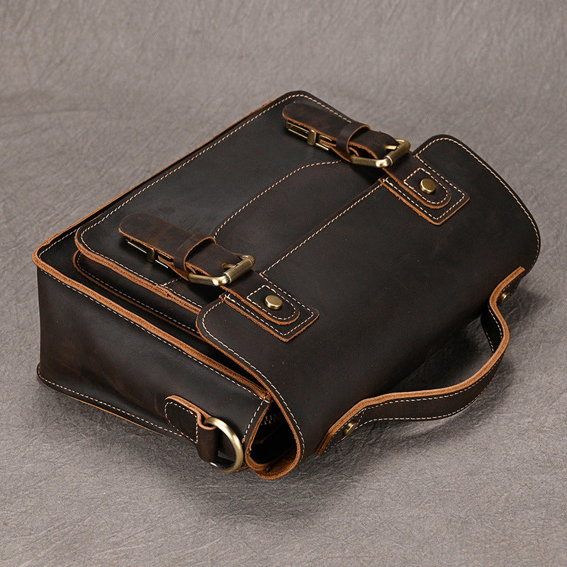Men's Crazy Horse Leather Crossbody Bag | Vintage Full Grain Cowhide Satchel & Flap Bag