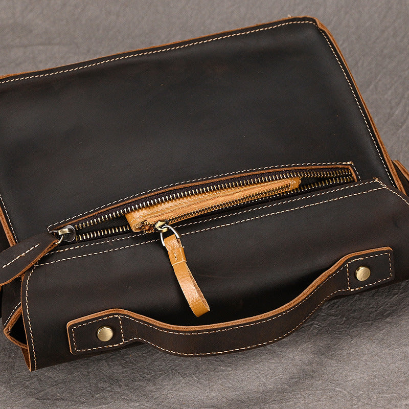 Men's Crazy Horse Leather Crossbody Bag | Vintage Full Grain Cowhide Satchel & Flap Bag