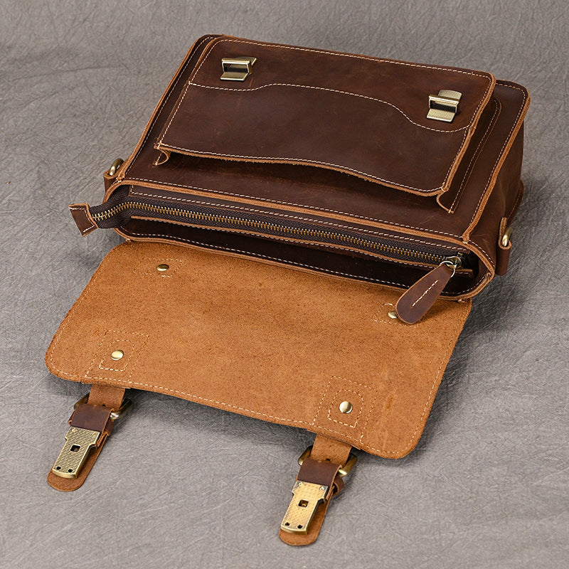 Men's Crazy Horse Leather Crossbody Bag | Vintage Full Grain Cowhide Satchel & Flap Bag
