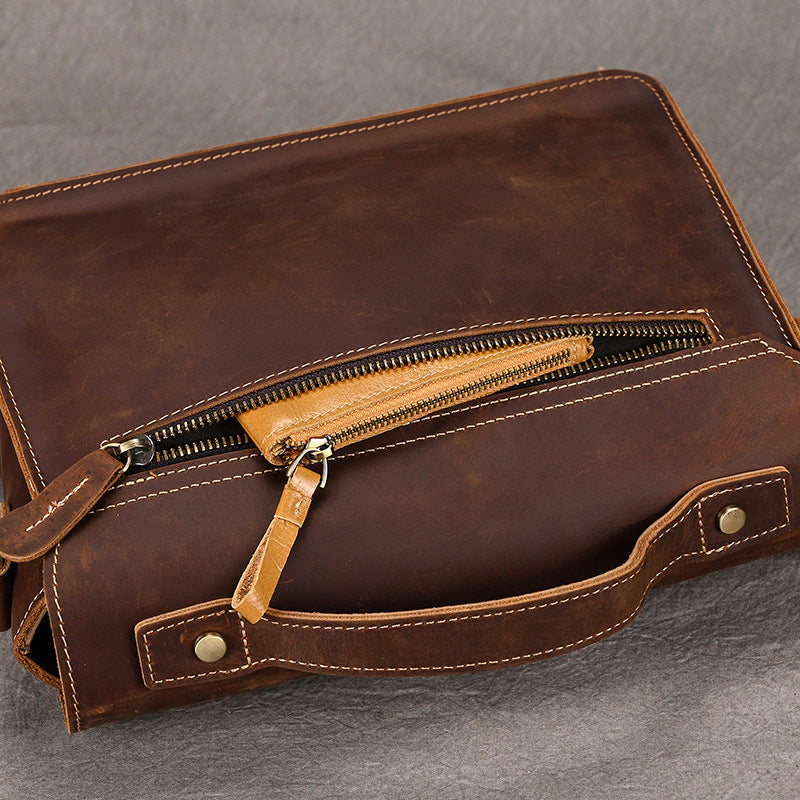 Men's Crazy Horse Leather Crossbody Bag | Vintage Full Grain Cowhide Satchel & Flap Bag