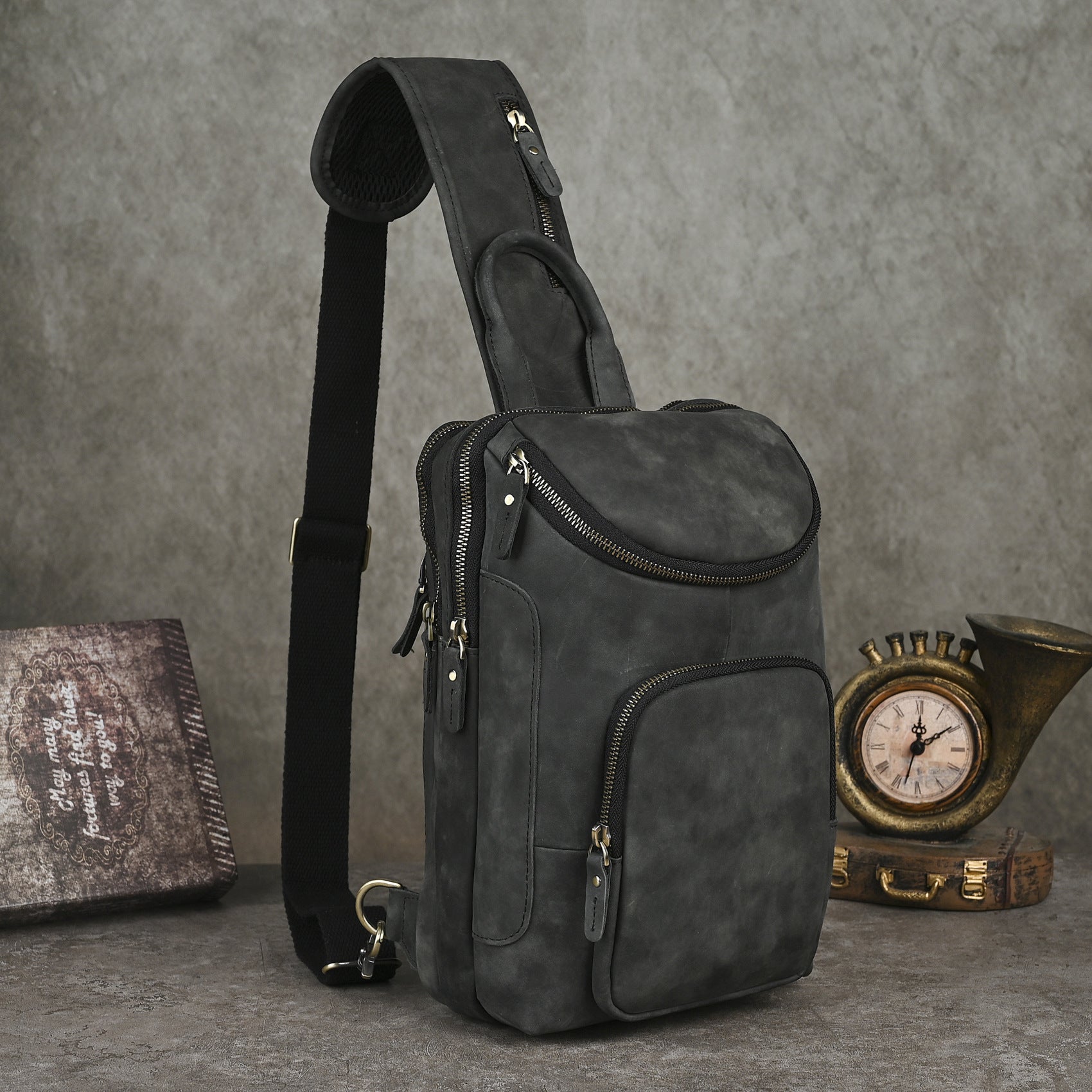 Men's Crazy Horse Leather Vintage Sling Bag — Handmade 3-Way Carry Chest / Shoulder / Backpack