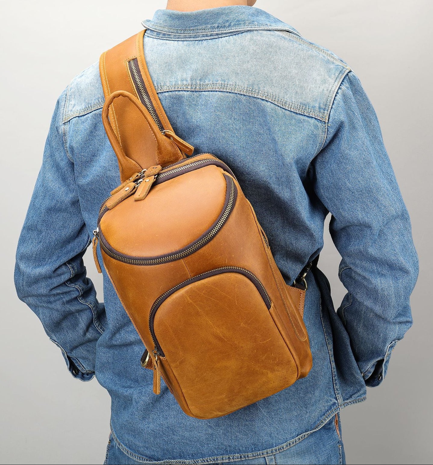 Men's Crazy Horse Leather Vintage Sling Bag — Handmade 3-Way Carry Chest / Shoulder / Backpack