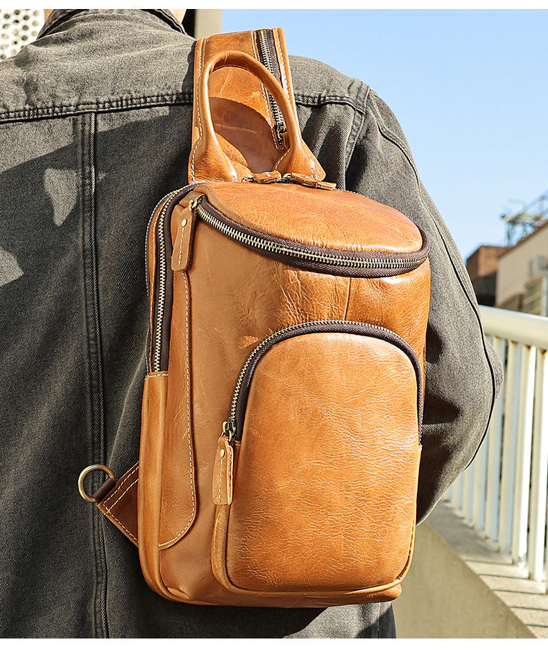 Men's Crazy Horse Leather Vintage Sling Bag — Handmade 3-Way Carry Chest / Shoulder / Backpack