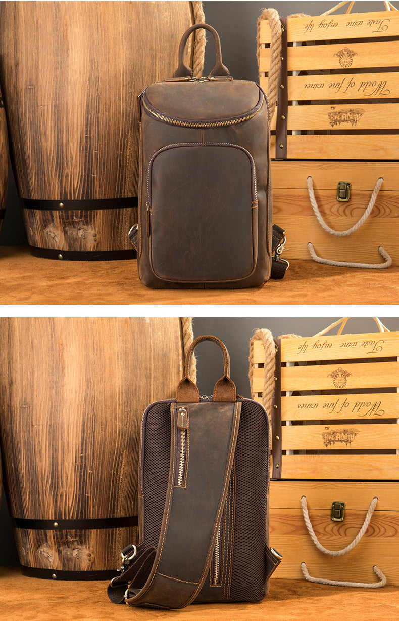 Men's Crazy Horse Leather Vintage Sling Bag — Handmade 3-Way Carry Chest / Shoulder / Backpack