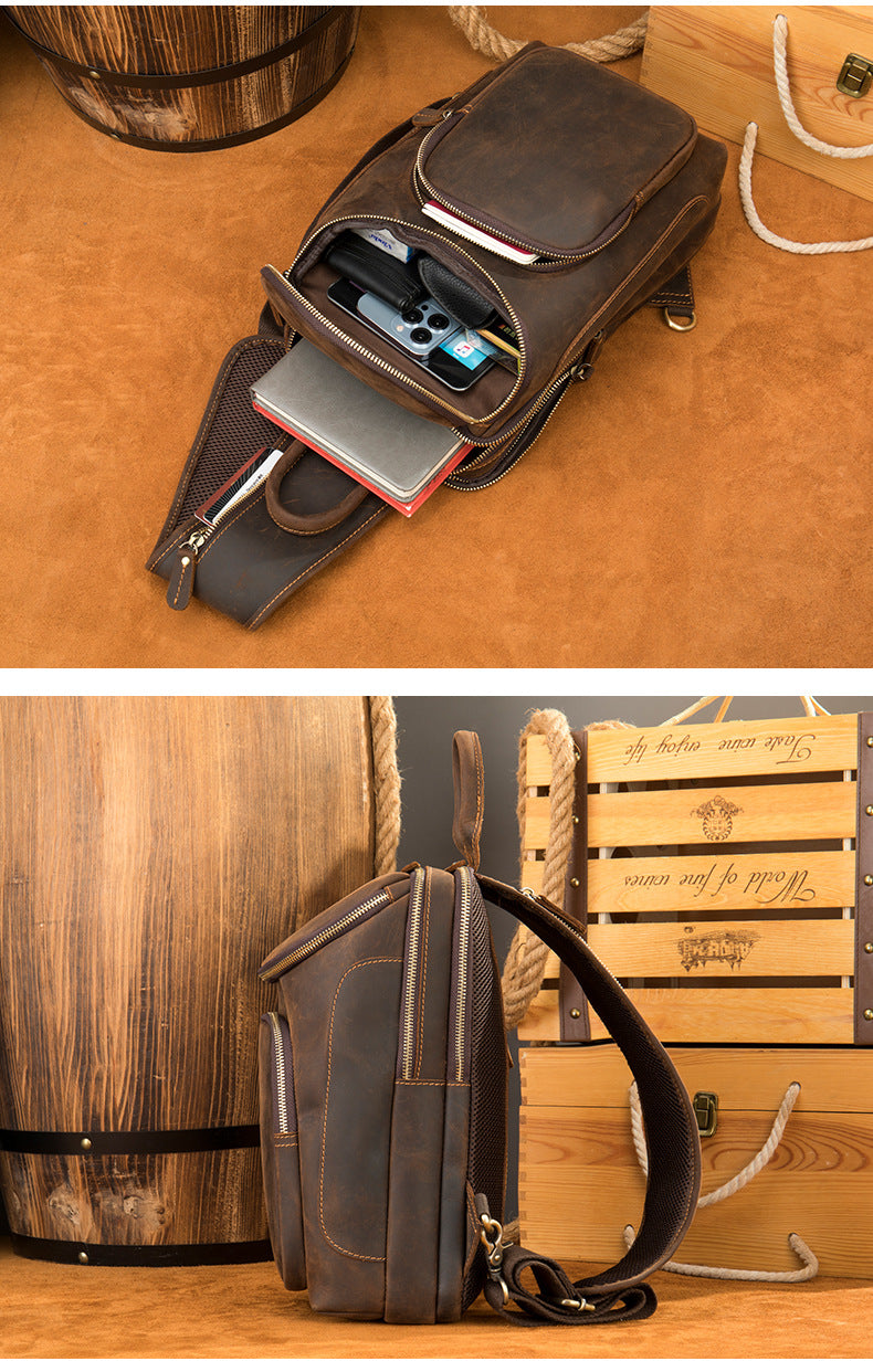 Men's Crazy Horse Leather Vintage Sling Bag — Handmade 3-Way Carry Chest / Shoulder / Backpack