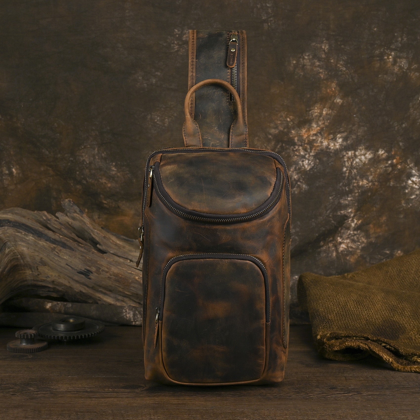Men's Crazy Horse Leather Vintage Sling Bag — Handmade 3-Way Carry Chest / Shoulder / Backpack