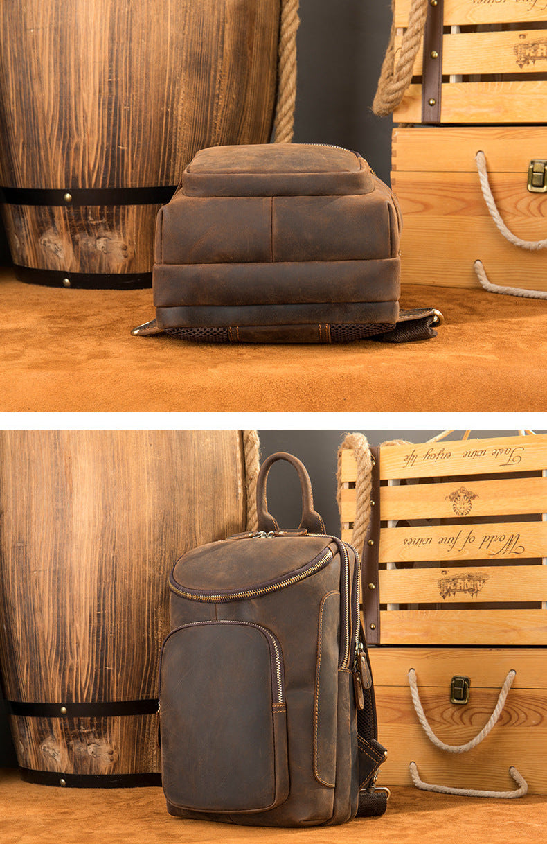 Men's Crazy Horse Leather Vintage Sling Bag — Handmade 3-Way Carry Chest / Shoulder / Backpack