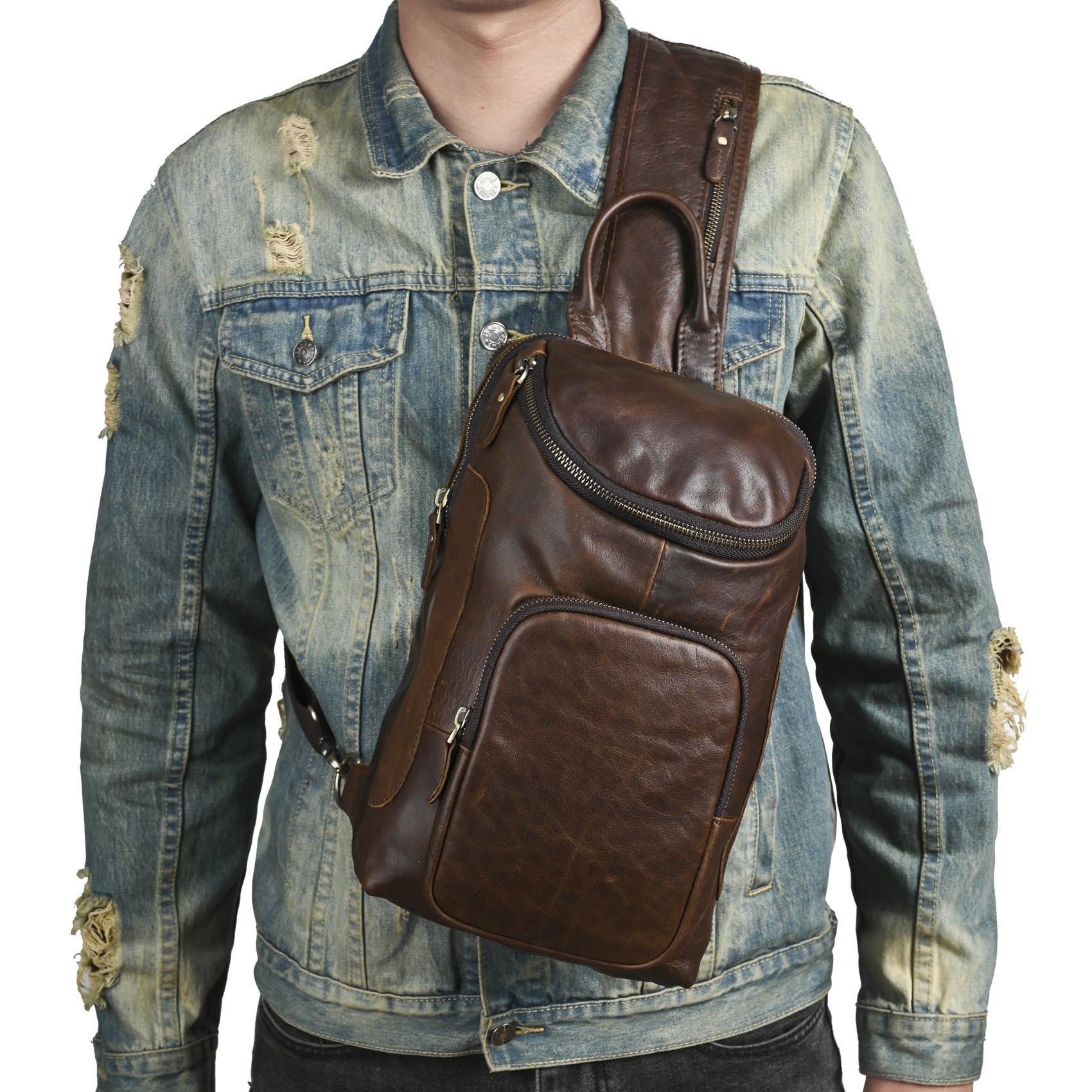 Men's Crazy Horse Leather Vintage Sling Bag — Handmade 3-Way Carry Chest / Shoulder / Backpack