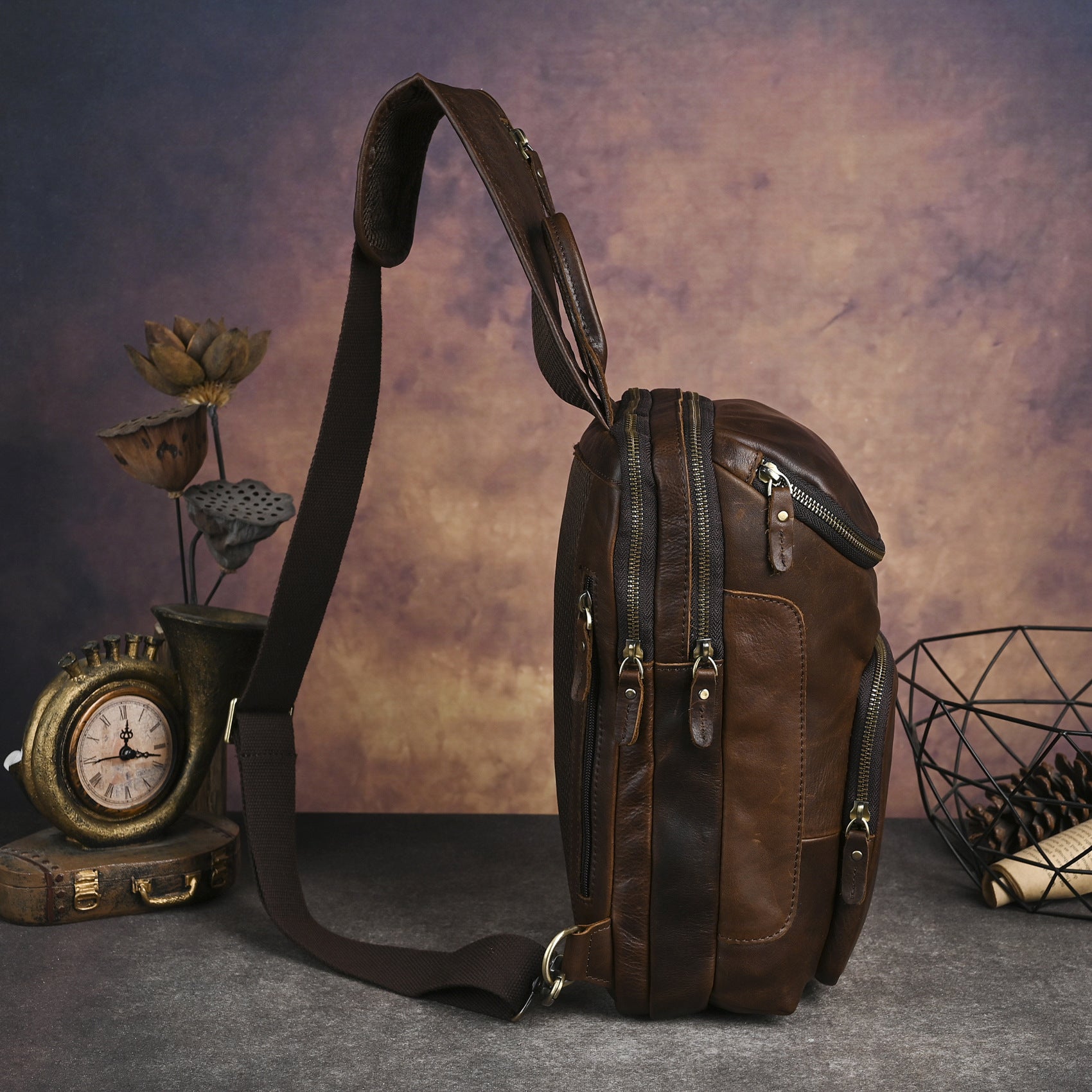 Men's Crazy Horse Leather Vintage Sling Bag — Handmade 3-Way Carry Chest / Shoulder / Backpack