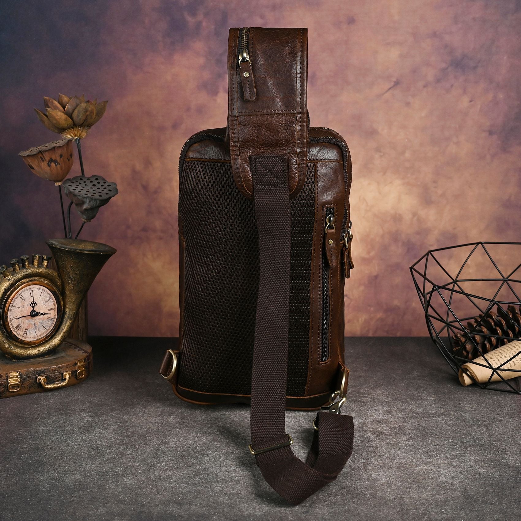 Men's Crazy Horse Leather Vintage Sling Bag — Handmade 3-Way Carry Chest / Shoulder / Backpack