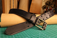 Men's Double Prong Italian Full Grain Leather Belt with Vintage Hollow-out Handcrafted Versatile Pants Waist Belt