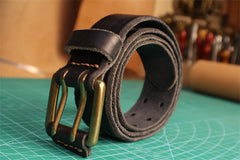 Men's Double Prong Italian Full Grain Leather Belt with Vintage Hollow-out Handcrafted Versatile Pants Waist Belt