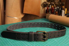 Men's Double Prong Italian Full Grain Leather Belt with Vintage Hollow-out Handcrafted Versatile Pants Waist Belt