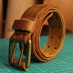 Men's Double Prong Italian Full Grain Leather Belt with Vintage Hollow-out Handcrafted Versatile Pants Waist Belt