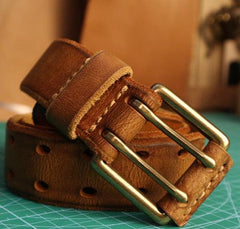 Men's Double Prong Italian Full Grain Leather Belt with Vintage Hollow-out Handcrafted Versatile Pants Waist Belt