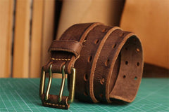 Men's Double Prong Italian Full Grain Leather Belt with Vintage Hollow-out Handcrafted Versatile Pants Waist Belt