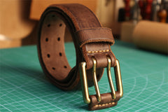 Men's Double Prong Italian Full Grain Leather Belt with Vintage Hollow-out Handcrafted Versatile Pants Waist Belt