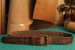 Men's Double Prong Italian Full Grain Leather Belt with Vintage Hollow-out Handcrafted Versatile Pants Waist Belt