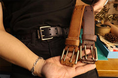 Men's Double Prong Italian Full Grain Leather Belt with Vintage Hollow-out Handcrafted Versatile Pants Waist Belt