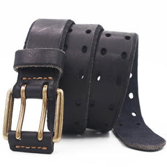 Men's Double Prong Italian Full Grain Leather Belt with Vintage Hollow-out Handcrafted Versatile Pants Waist Belt