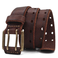 Men's Double Prong Italian Full Grain Leather Belt with Vintage Hollow-out Handcrafted Versatile Pants Waist Belt