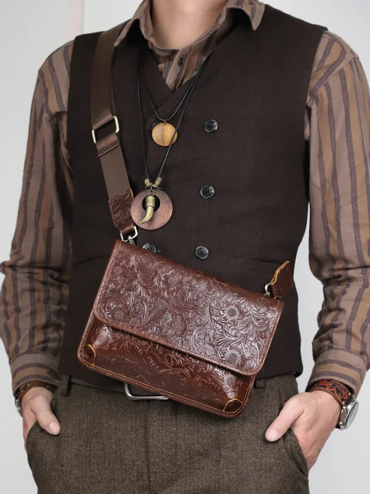 Men's Full Grain Leather Crossbody Bag, Handcrafted Embossed Floral Messenger Bag, Antique Leather Brown Purse