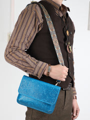 Men's Full Grain Leather Crossbody Bag, Handcrafted Embossed Floral Messenger Bag, Antique Leather Brown Purse