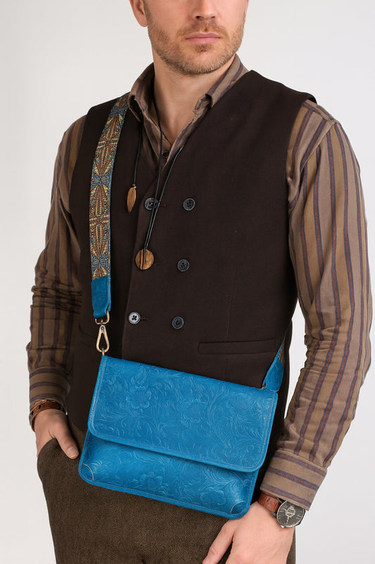 Men's Full Grain Leather Crossbody Bag, Handcrafted Embossed Floral Messenger Bag, Antique Leather Brown Purse