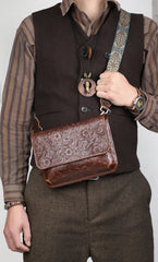 Men's Full Grain Leather Crossbody Bag, Handcrafted Embossed Floral Messenger Bag, Antique Leather Brown Purse