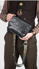 Men's Full Grain Leather Crossbody Bag, Handcrafted Embossed Floral Messenger Bag, Antique Leather Brown Purse